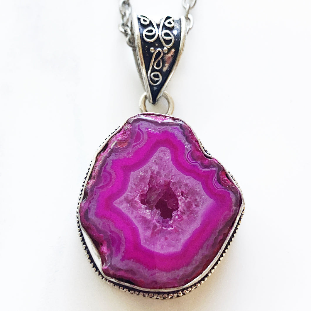 Silver Pink Geode Necklace