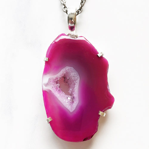 Silver Pink Geode Necklace