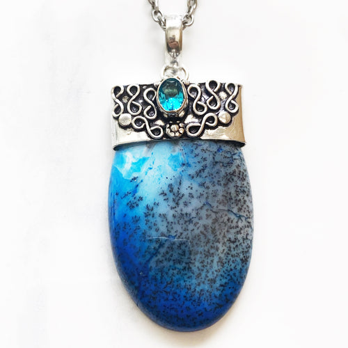 Silver Blue Dendritic Opal + Blue Quartz Necklace