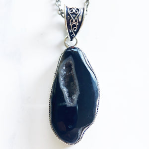 Silver Black Geode Necklace