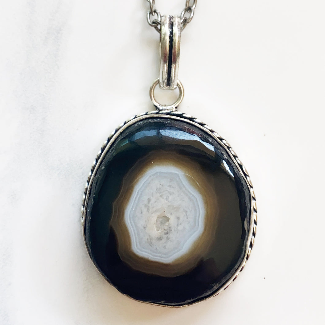 Silver Black + Brown Agate Necklace