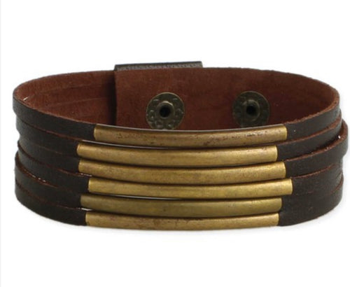 Brown Leather Gold Bars Bracelet