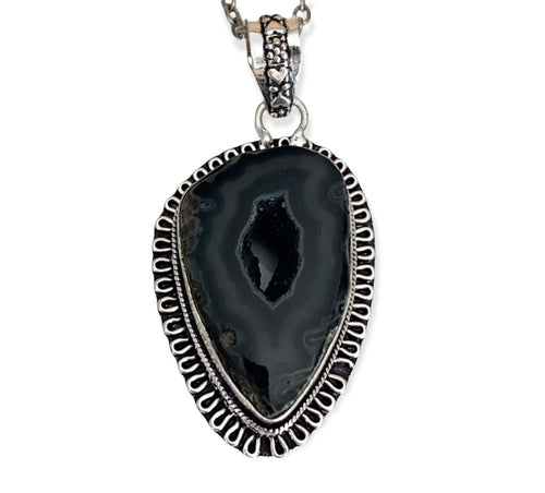Silver Black Geode Necklace