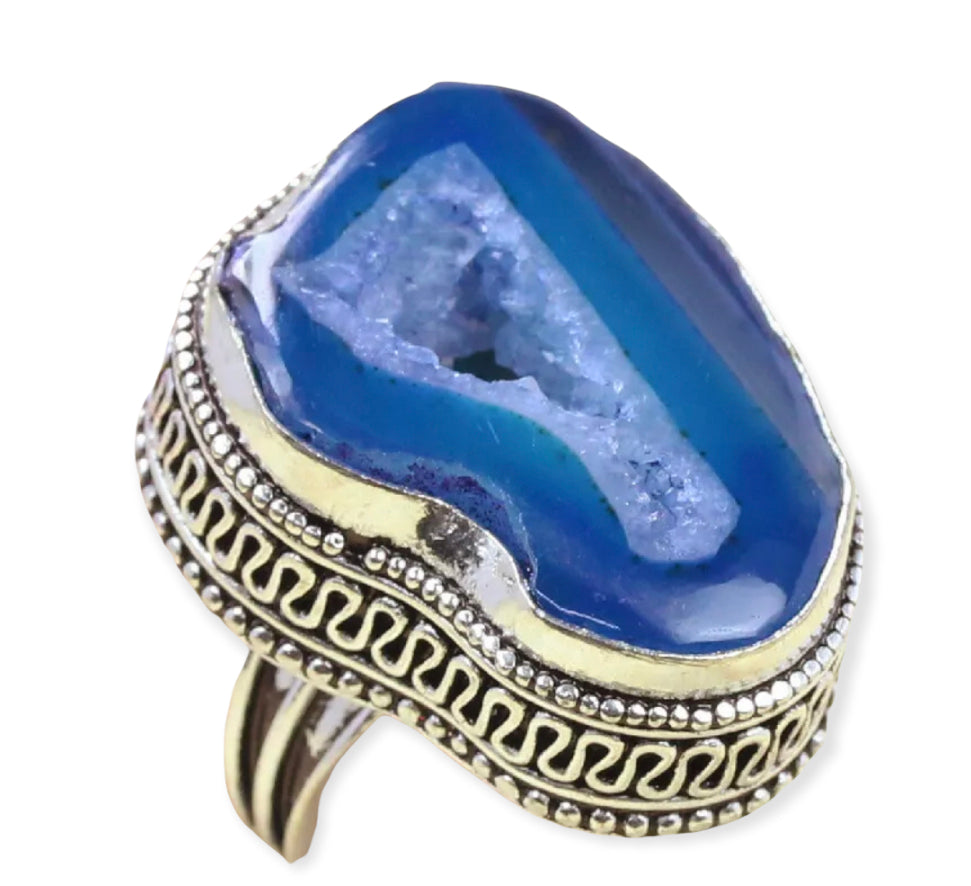 Silver Blue Geode Ring