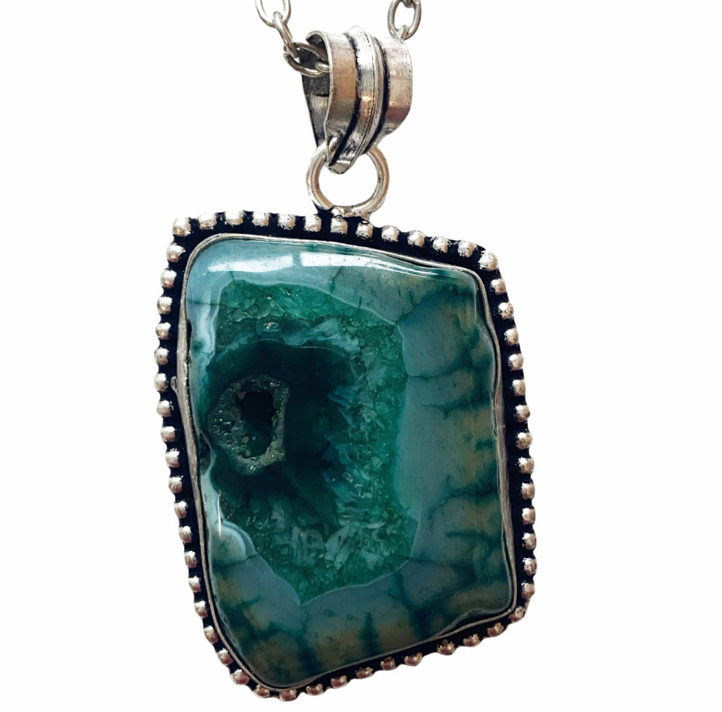 Silver Green Geode Necklace