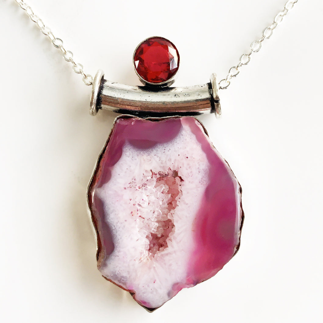 Silver Pink Geode+ Garnet Necklace